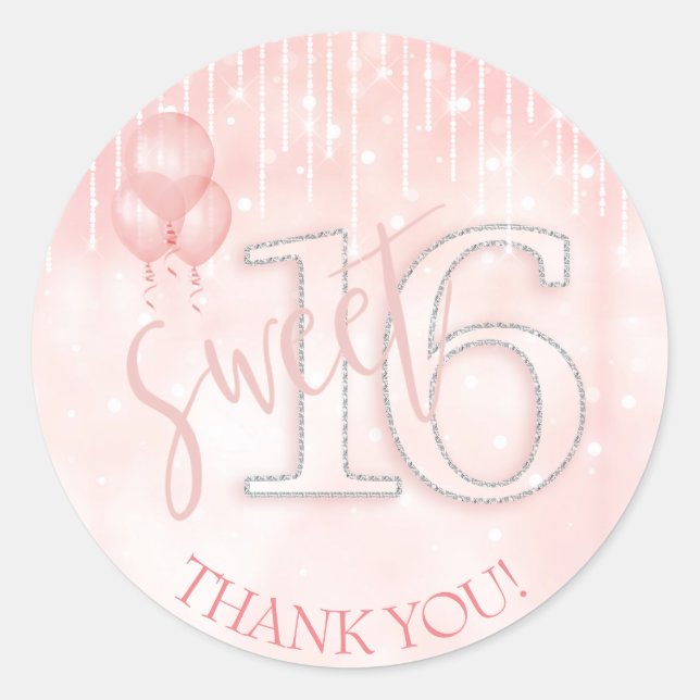 String Lights & Balloons Sweet 16 Rose Gold ID473 Classic Round Sticker (Front)