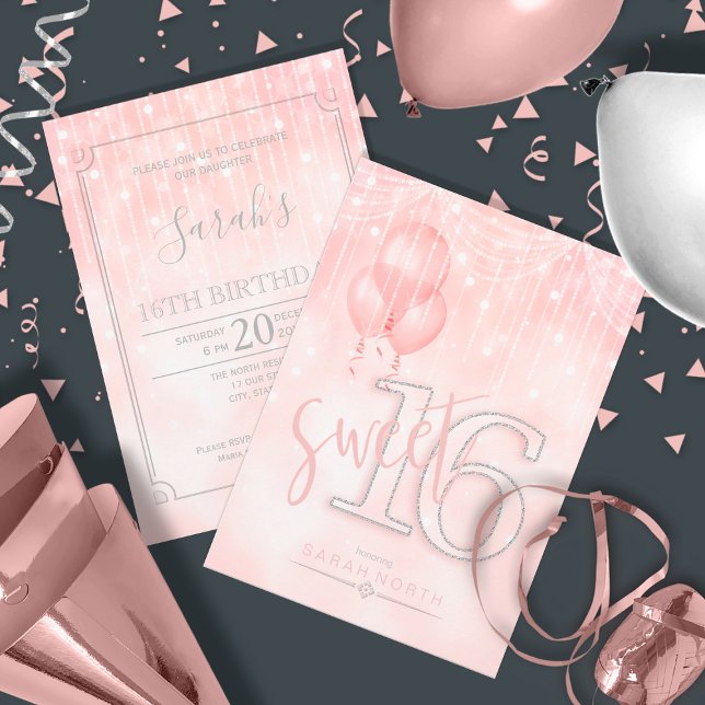 String Lights & Balloons Sweet 16 Rose Gold ID473 Invitation (Front/Back In Situ)
