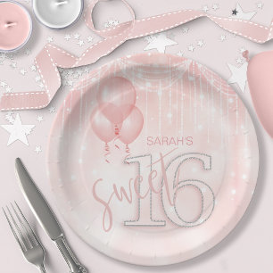 String Lights & Balloons Sweet 16 Rose Gold ID473 Paper Plate
