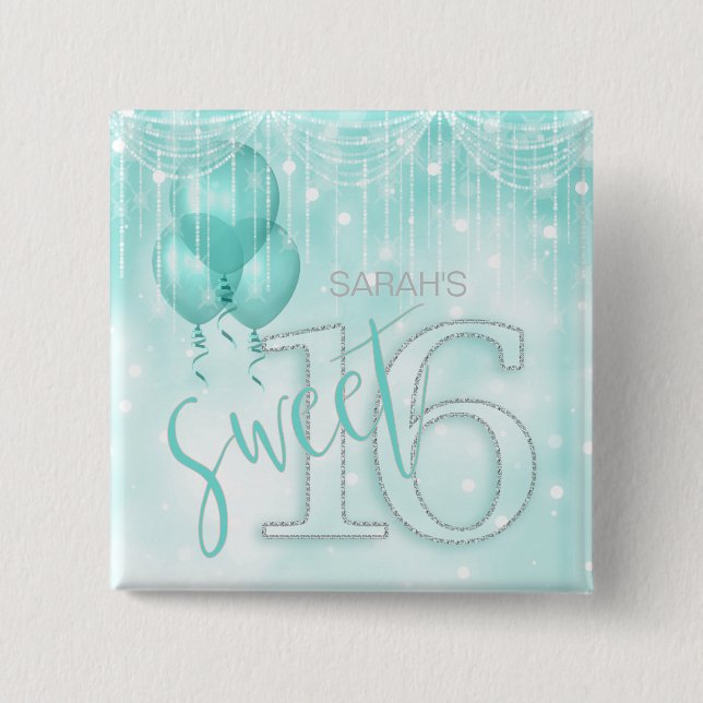 String Lights & Balloons Sweet 16 Teal ID473 15 Cm Square Badge (Front)