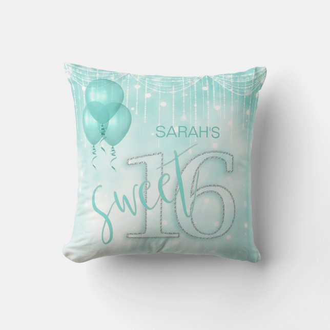 String Lights & Balloons Sweet 16 Teal ID473 Cushion (Front)