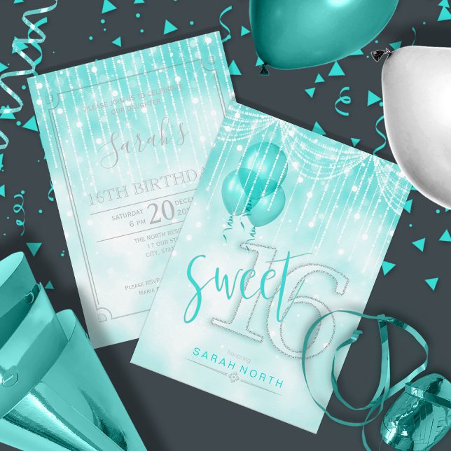 String Lights & Balloons Sweet 16 Teal ID473 Invitation (Front/Back In Situ)