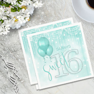 String Lights & Balloons Sweet 16 Teal ID473 Napkin