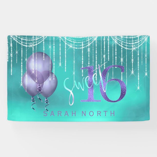 String Lights & Balloons Sweet 16 TealPurple ID473 Banner (Horizontal)