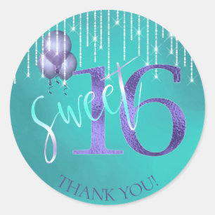 String Lights & Balloons Sweet 16 TealPurple ID473 Classic Round Sticker