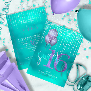 String Lights & Balloons Sweet 16 TealPurple ID473 Invitation