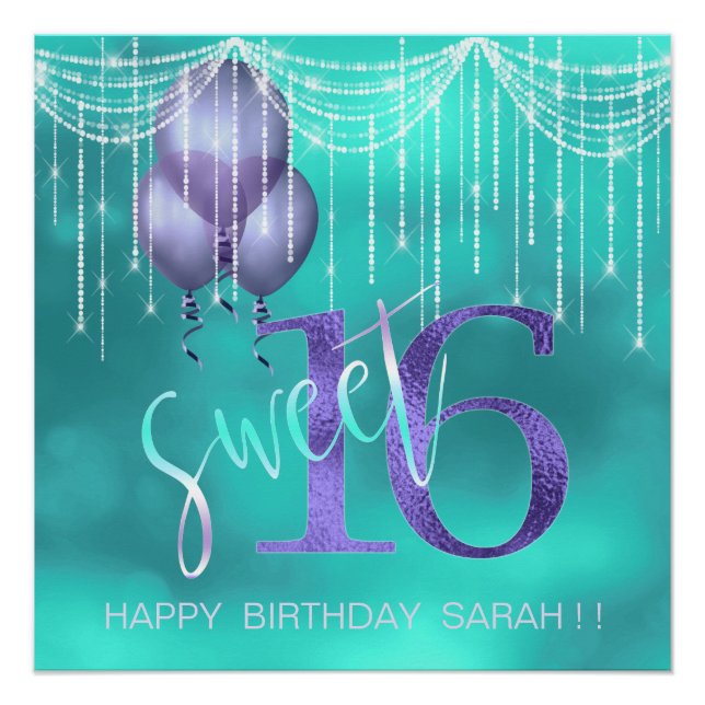 String Lights & Balloons Sweet 16 TealPurple ID473 Poster (Front)