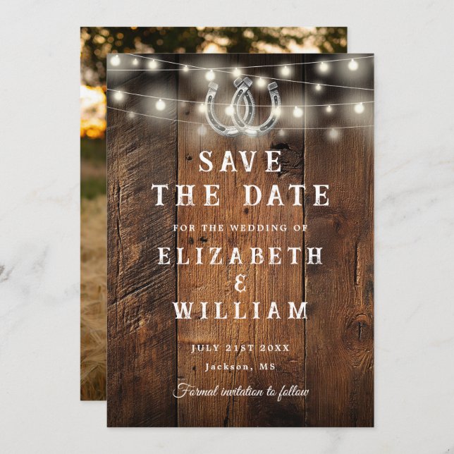 String Lights Barn Wood Photo Western Wedding  Save The Date (Front/Back)