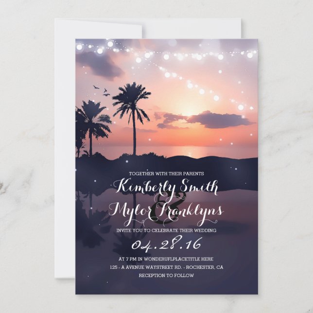 String Lights Beach Palms Sunset Wedding Invitation (Front)