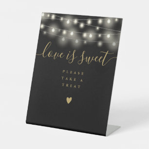 String Lights Black And Gold Love Is Sweet Favor Pedestal Sign