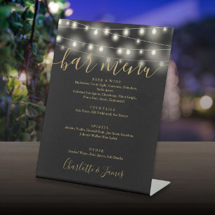 String Lights Black And Gold Wedding Bar Menu Pedestal Sign