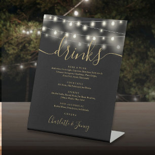 String Lights Black And Gold Wedding Drinks Menu Pedestal Sign