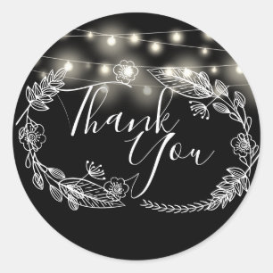 String Lights Black And White Floral Thank You Classic Round Sticker