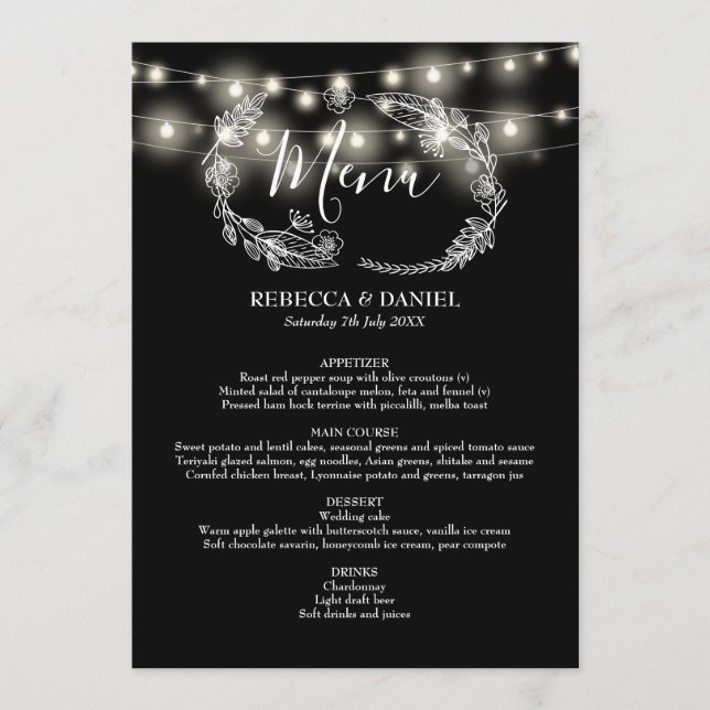 String Lights Black And White Floral Wedding Menu (Front)