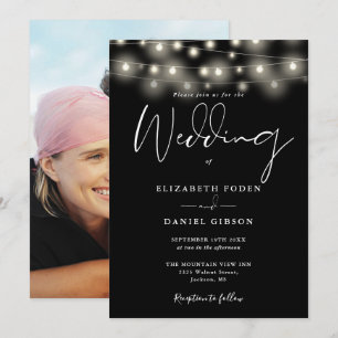String Lights Black And White Photo Wedding Invitation