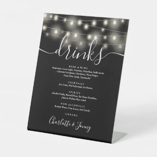 String Lights Black And White Wedding Drinks Menu Pedestal Sign