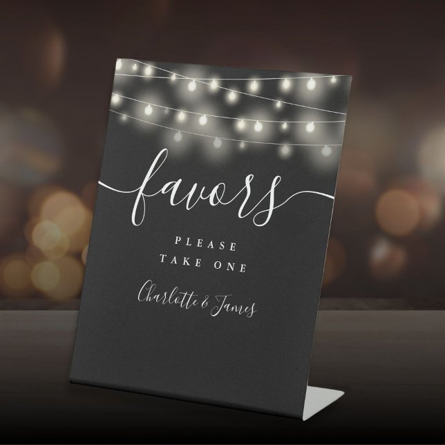 String Lights Black And White Wedding Favors Table Pedestal Sign (String Lights Black And White Wedding Favors Table Pedestal Sign)