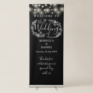 String Lights Black And White Wedding Welcome Retractable Banner