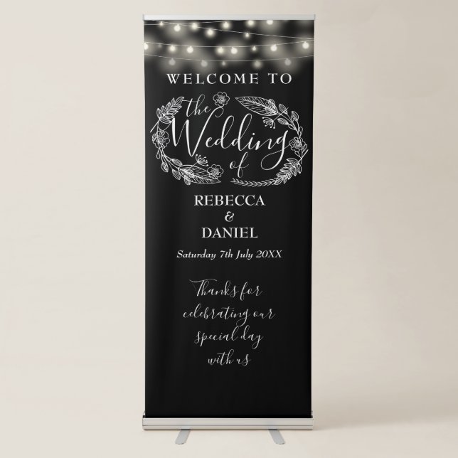 String Lights Black And White Wedding Welcome Retractable Banner (Front)