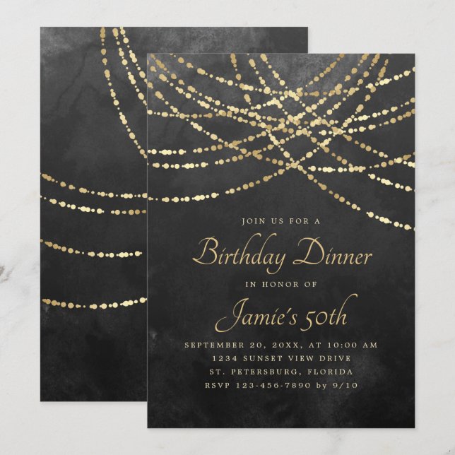 String Lights Black Gold Birthday Dinner Invitation (Front/Back)
