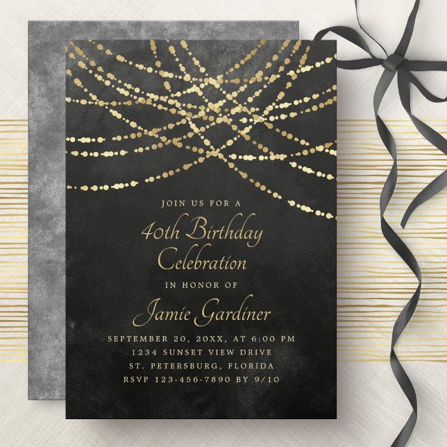 String Lights Black Gold Birthday Invitation (Creator Uploaded)