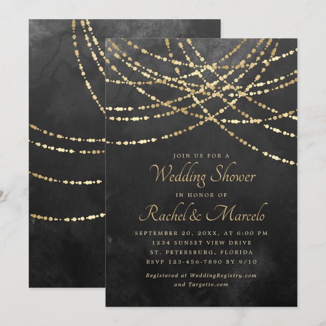 String Lights Black Gold Couples Wedding Shower Invitation (Front/Back)