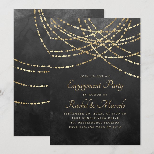 String Lights Black Gold Engagement Party Invitation (Front/Back)
