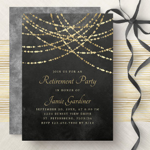 String Lights Black Gold Retirement Party Invitation