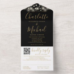 String Lights Black Gold Script QR Code Wedding All In One Invitation