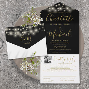 String Lights Black Gold Script QR Code Wedding All In One Invitation