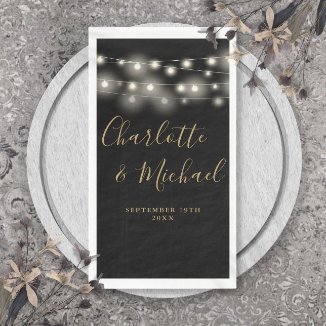 String Lights Black Gold Signature Script Wedding Napkin (String Lights Black Gold Signature Script Wedding Paper Guest Towels)