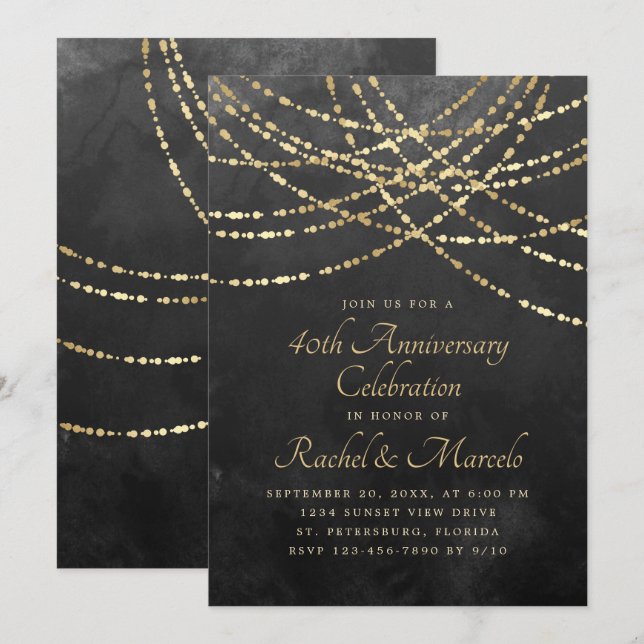 String Lights Black Gold Wedding Anniversary Invitation (Front/Back)