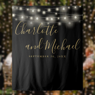 String Lights Black Gold Wedding Photo Backdrop Tapestry