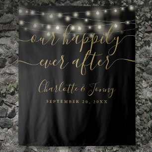 String Lights Black Gold Wedding Photo Backdrop Tapestry