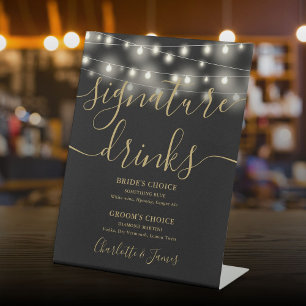 String Lights Black Gold Wedding Signature Drinks Pedestal Sign