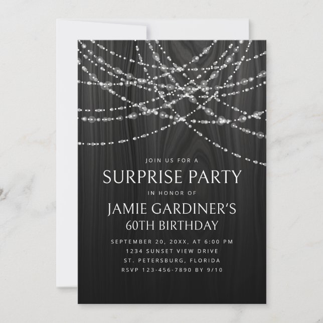 String Lights Black Rustic Surprise Birthday Invitation (Front)