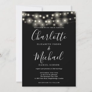 String Lights Black White Elegant Script Wedding Invitation