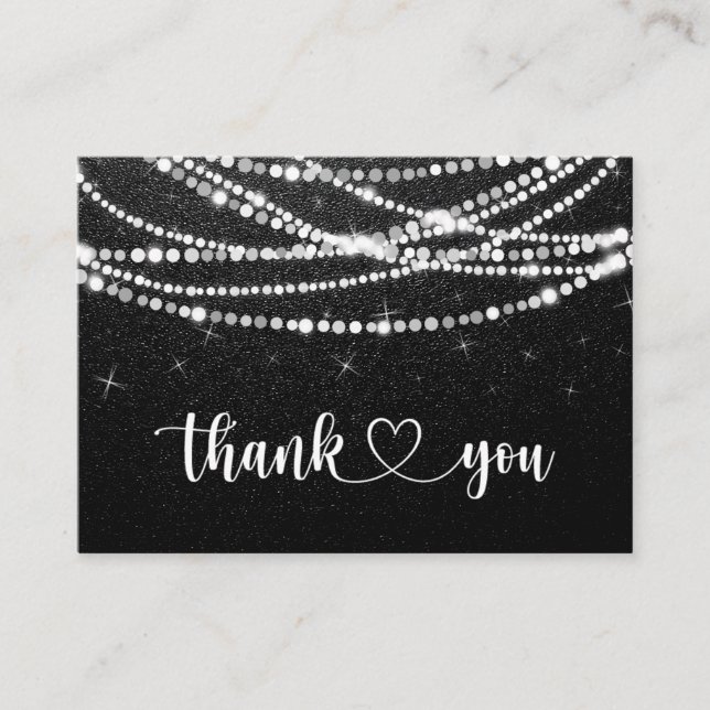 String Lights Black White Thank You Business Card (Front)