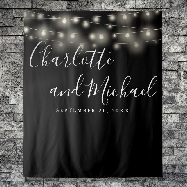 String Lights Black White Wedding Photo Backdrop Tapestry (String Lights Black White Wedding Photo Backdrop)