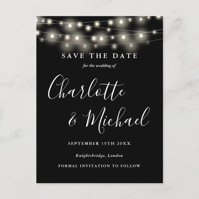 String Lights Black White Wedding Save the Date Postcard (Front)