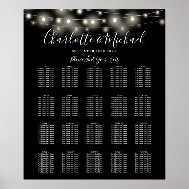 String Lights Black White Wedding Seating Chart (Front)