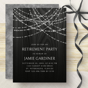 String Lights Black Wood Rustic Retirement Party Invitation