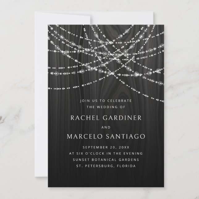 String Lights Black Wood Rustic Wedding Invitation (Front)