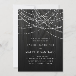 String Lights Black Wood Rustic Wedding Invitation