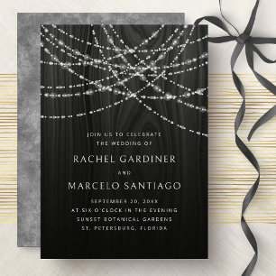 String Lights Black Wood Rustic Wedding Invitation
