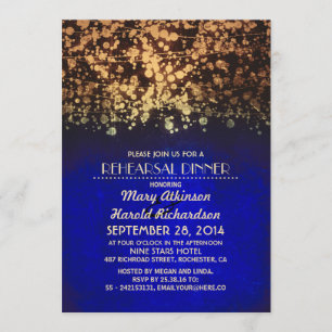 string lights blue and gold rehearsal dinner invitation