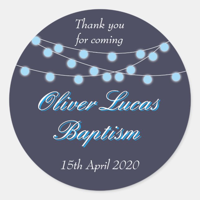 String Lights Blue Baptism Christening Favour Classic Round Sticker (Front)
