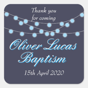 String Lights Blue Baptism Christening Favour Square Sticker