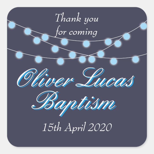 String Lights Blue Baptism Christening Favour Square Sticker (Front)