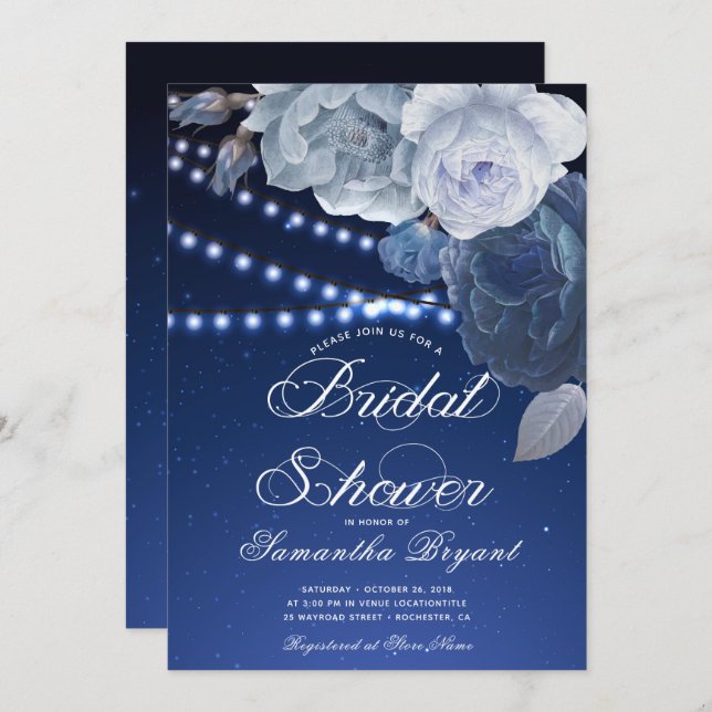 String lights Blue Elegant Bridal Shower Invitation (Front/Back)